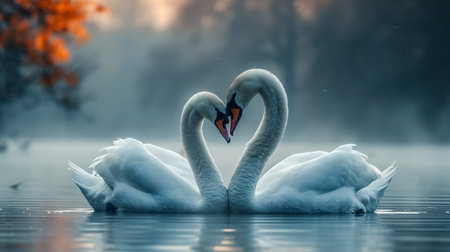 Beautiful couple of swans on the lake in the mist.の素材