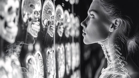 Side view of beautiful young woman looking at x-ray image of human skeletonの素材