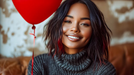 Beautiful african american woman with red heart shaped balloon at homeの素材