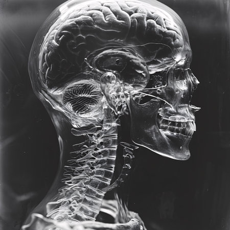 Human skeleton model in black and white, conceptual image of anatomy.の素材