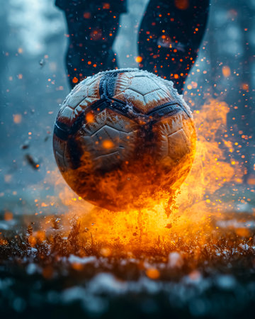 Soccer player hits the ball on the field. Blurred backgroundの素材