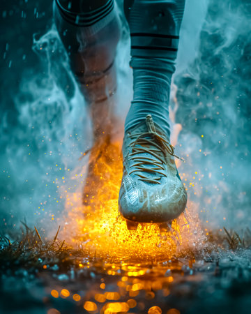 Female legs in sneakers running in the rain on a dark background.の素材