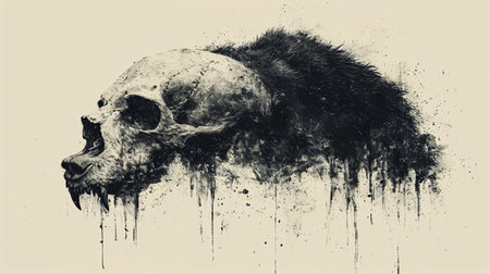 grunge human skull with splashes on the old paper backgroundの素材