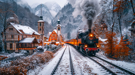 The old steam locomotive runs through the winter forest at sunset. Locomotive on the railroad tracks in the village.の素材