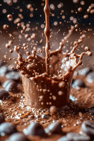 Splash of chocolate in a cup on a dark background, close-upの素材