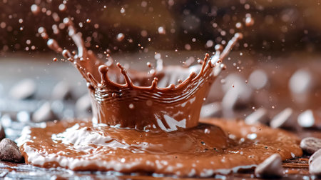 close up of a chocolate splashing on a wooden table, shallow depth of fieldの素材