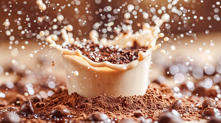 close up of chocolate panna cotta with milk splash on wooden backgroundの素材