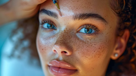 Beautiful young woman getting cosmetic, botox injection in forehead, closeup. Doctor makes injection with a syringe in beauty salon.の素材