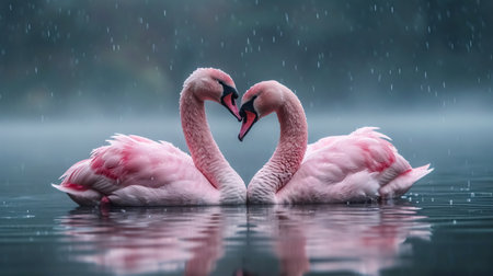 Two flamingos (Phoenicopterus ruber) in the rainの素材