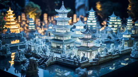 Miniature models of traditional Chinese buildings, pagoda in the museum.の素材