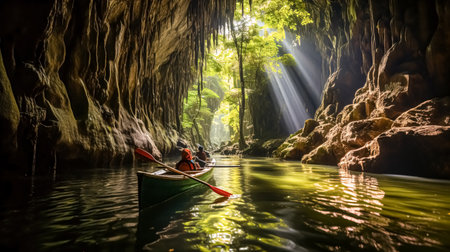 Canoeing in the beautiful karst cave,Thailandの素材
