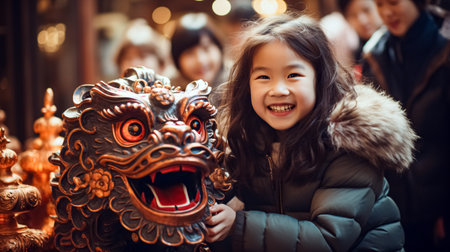 Happy little girl with dragon statue or mask  on the carnival at the  street. Chinese New Year.の素材