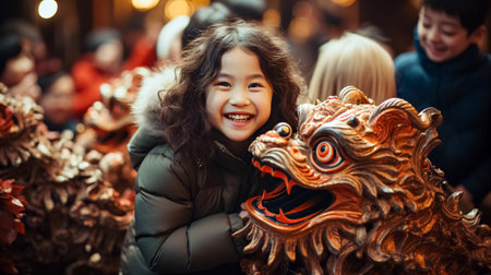 Happy little girl with dragon statue or mask  on the carnival at the  street. Chinese New Year.の素材