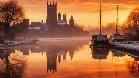 Foggy sunrise over the old town of Bruges, Belgiumの素材
