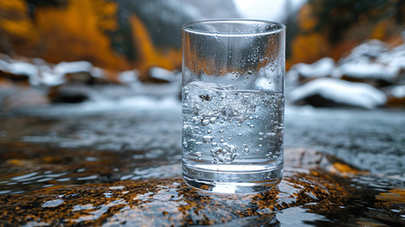 Glass of water with ice cubes on the background of autumn forest.の素材