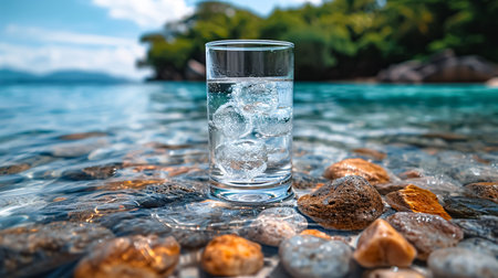 Glass of water with ice cubes on the rocks in the sea.の素材