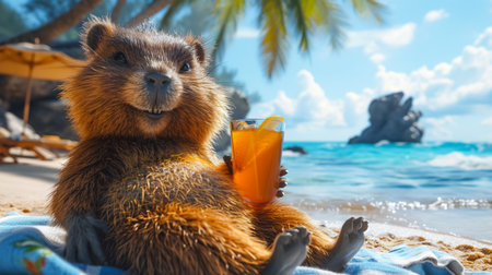 Beach in the tropics with a beaver and a glass of orange juiceの素材