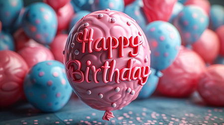 Happy birthday balloon with colorful balloons on table, closeup. Space for textの素材