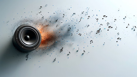 Audio speaker with music notes flying out of it. 3d illustrationの素材