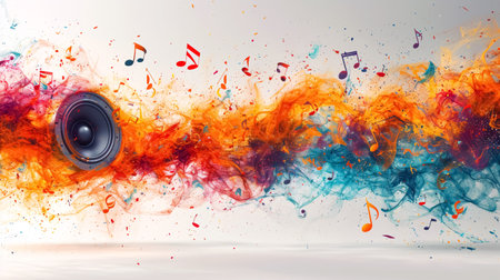 Music speaker with colorful smoke and music notes on white background. 3D renderingの素材