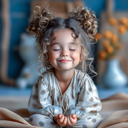 Little girl in pajamas with closed eyes meditates on the bedの素材