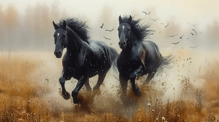 Two black horses galloping in the misty meadow in autumnの素材