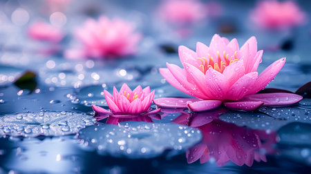 Beautiful pink lotus flower on the water with drop of water.の素材