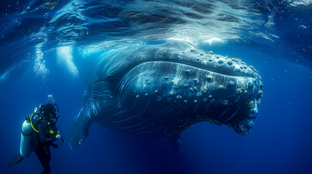 Humpback whale swimming in deep blue ocean. Scientific name: Sperm whale.の素材