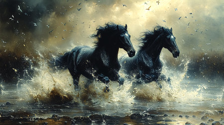 Two black horses run gallop in the water. Fantasy style.の素材