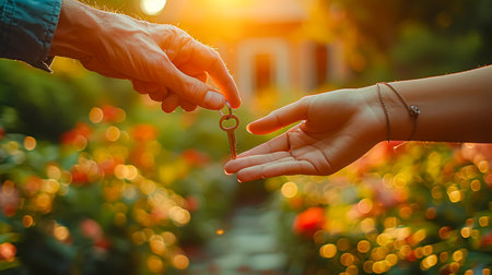 Close up of woman and man hands holding keys in the garden.の素材