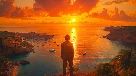 A man standing on the cliff overlooking the sea and beautiful sunset.の素材