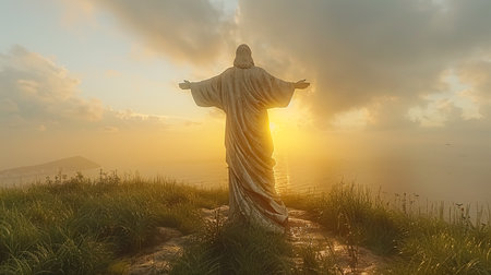 Jesus Christ in the meadow at sunset. 3d rendering.の素材