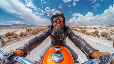 Handsome biker man in leather jacket and helmet riding a motorbike on the desert road.の素材