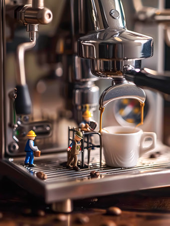 miniature people working with coffee machine in coffee shop, business concept. Professional coffee machine making a cup of coffee. Selective focus.の素材