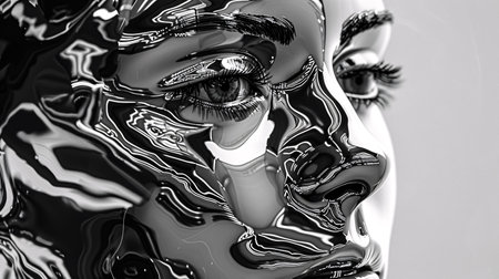 3d rendering of a female robot face in black and white colorsの素材