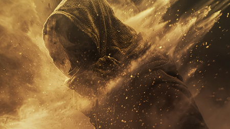 Portrait of a man in a gas mask and hood in smoke.の素材