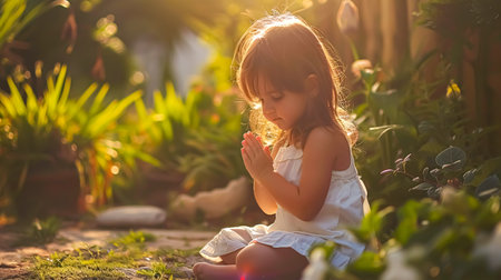 Cute little girl playing with flowers in the garden at sunset.の素材