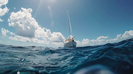 White yacht sailing in the blue sea. 3D Rendering.の素材