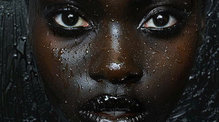 Portrait of a beautiful young african american woman with water drops on her faceの素材