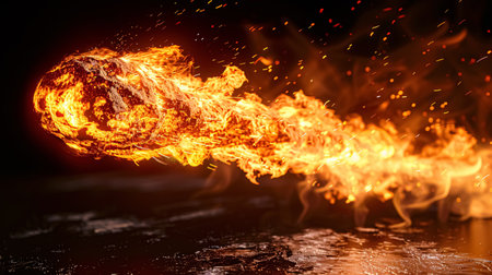 Fire flames with sparks on a black background. Close-up.の素材