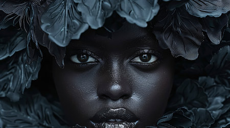 Beautiful black woman with creative make-up and black flowers in her hair.の素材