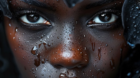Close-up portrait of a black woman with raindrops on her faceの素材