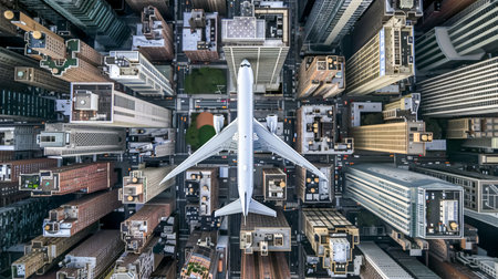 Aerial view of the city with a passenger airplane. 3d renderingの素材