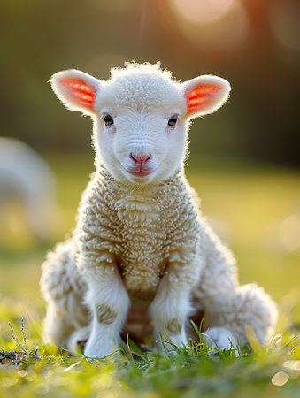 Cute lamb on the green grass in springtime. Springtimeの素材