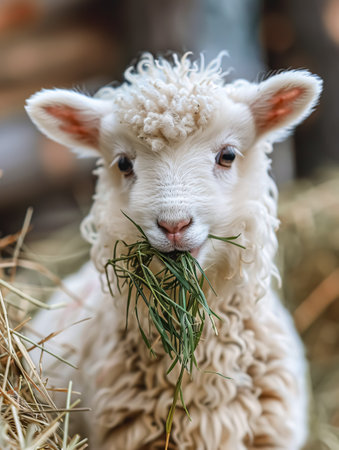 Portrait of a cute little lamb eating grass in the farm.の素材