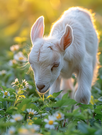 Cute baby goat in a meadow with daisies.の素材
