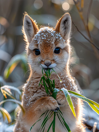Close-up portrait of a red fox eating grass in the winterの素材