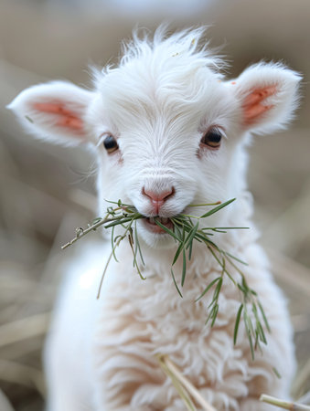 Cute little lamb eating grass on a farm. Selective focus.の素材