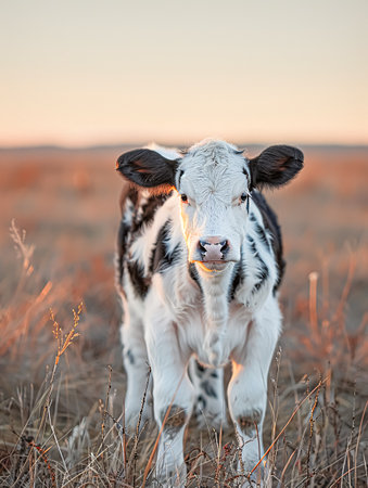 Calf on the meadow at sunset. The calf looks at the camera.の素材