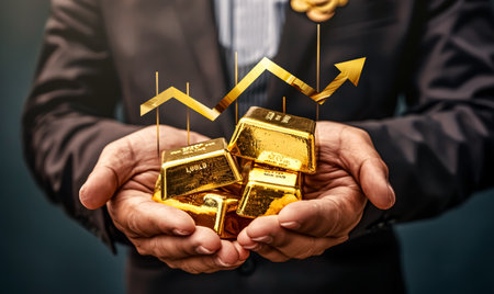 Businessman holding gold bullion with rising arrow and gold bars. Financial growth concept.の素材